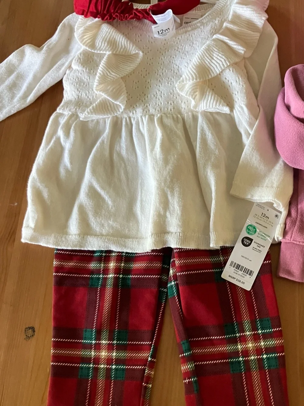 NEW CartersHoliday Outfit Set - Cream Top, Red Plaid Pants & Mauve Hooded Jacket